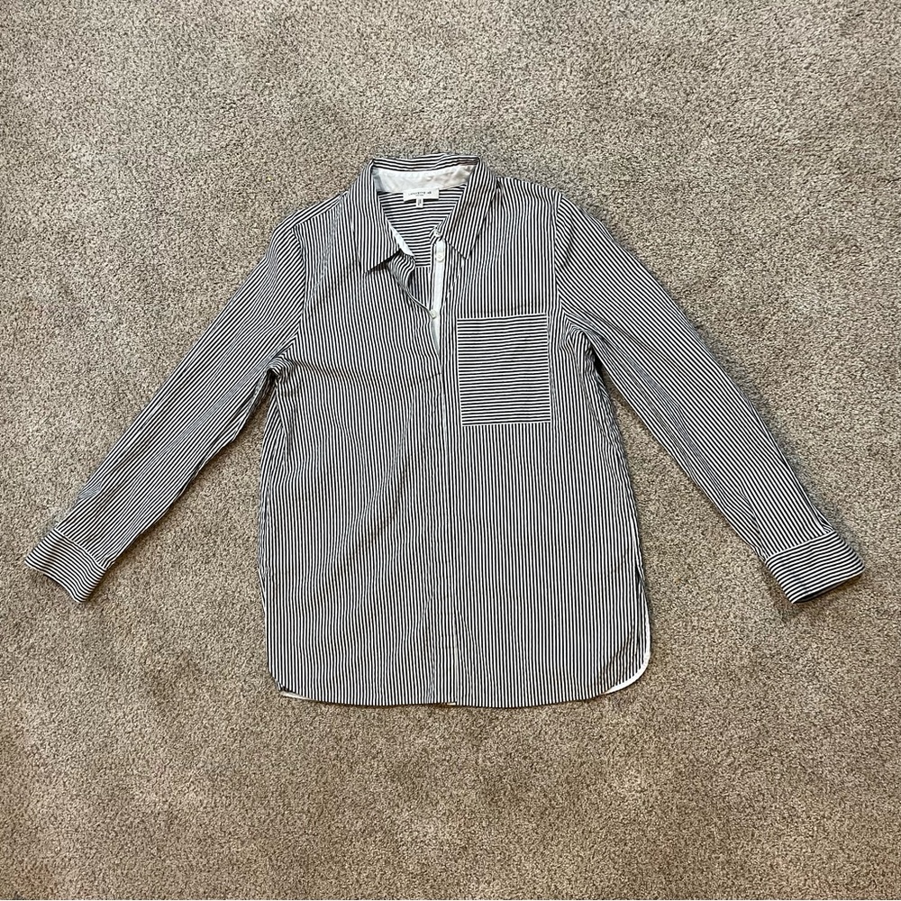 Lafayette 148 Ruxton Stripe Cotton Poplin Button Shirt Castle Grey Silver Medium